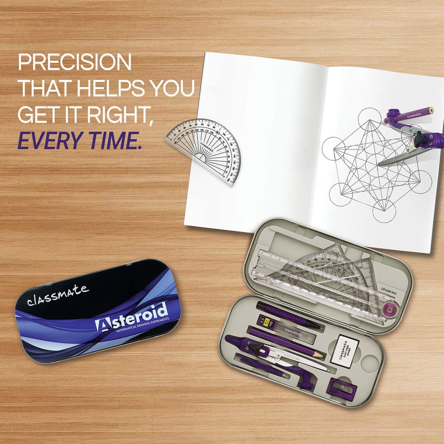 Classmate Asteroid Geometry Box | Compass-cum-Divider with arm locking mechanism | 30 cm Foldable Scale| Mechanical Pencil | Double sided tray